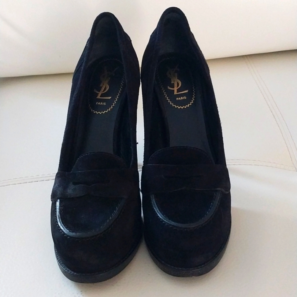 COPY - YSL MOCCASIN STYLE SKINNY HEELS SIZE 38 1/2 JET BLACK SUEDE